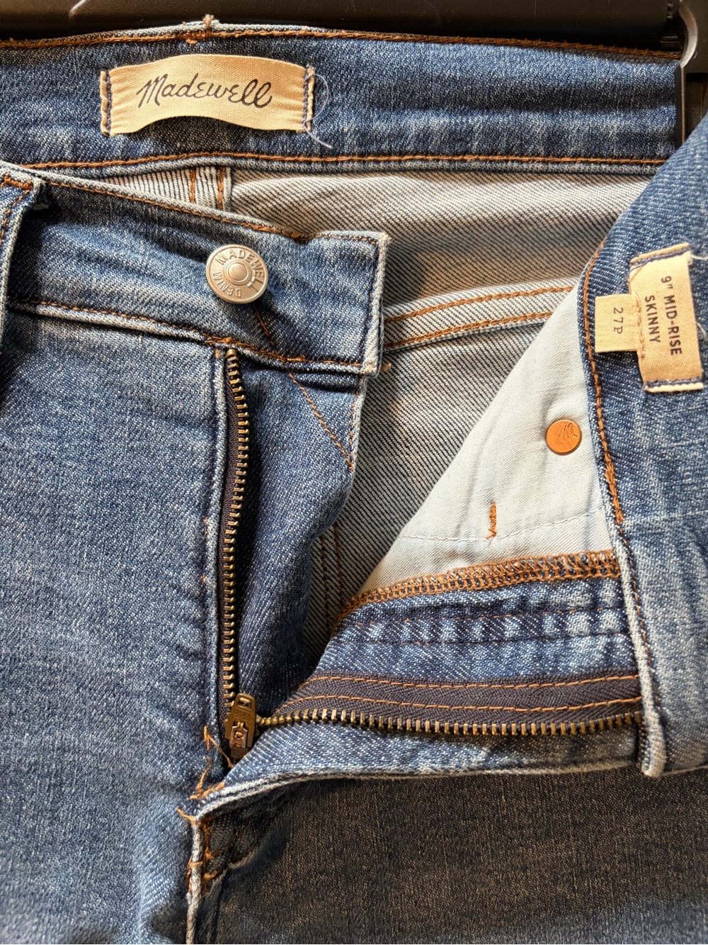 Madewell Blue Skinny Jeans with Orange Topstitching